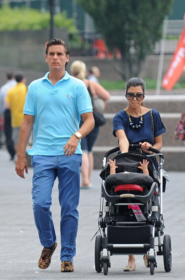 Kourtney Kardashian, blue blouse, necklace, sunglasses, Scott Disick, aqua shirt, blue pants, leopard shoes